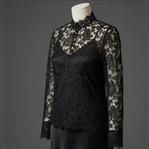 VALENTINO R.E.D BLACK FLORAL LACE LONG SLEEVE HIGH NECK BACK BUTTON BLOUSE M 42.